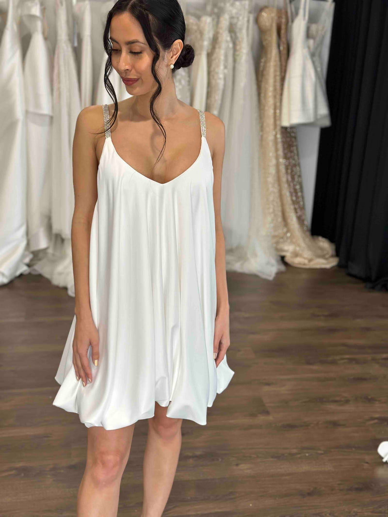 thin straps on bubble hem mini wedding dress