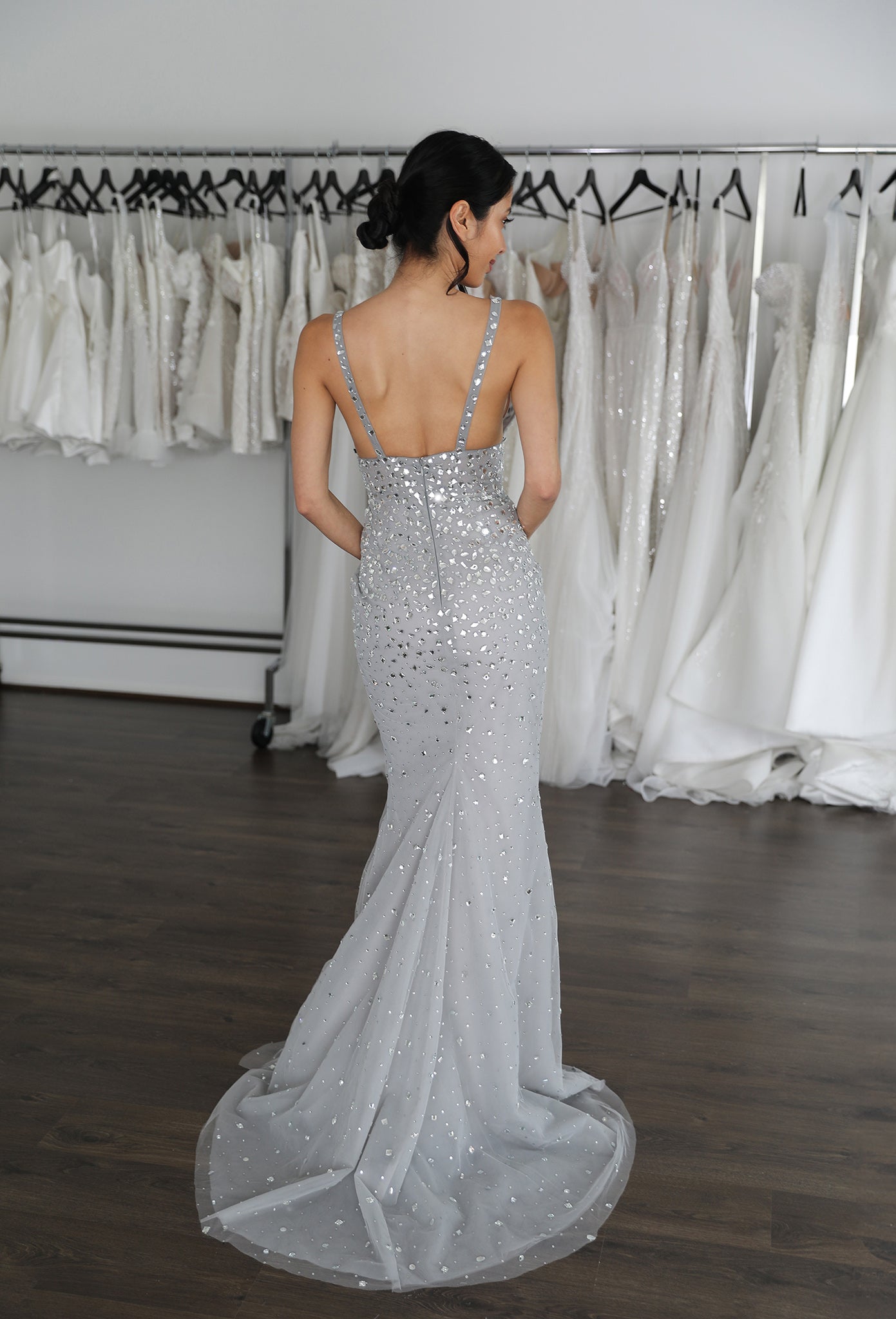 thin straps on grey glitter formal dress