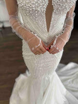 tulle bridal gloves with text on them