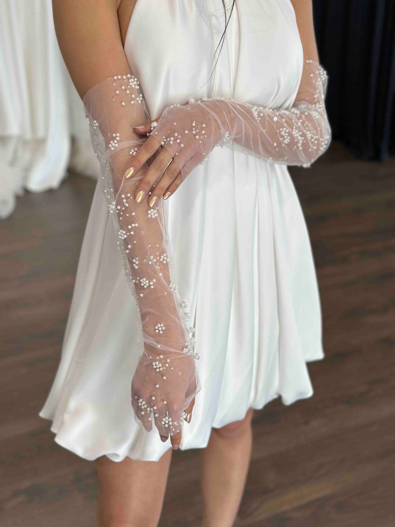 tulle gloves with pearls sewn in