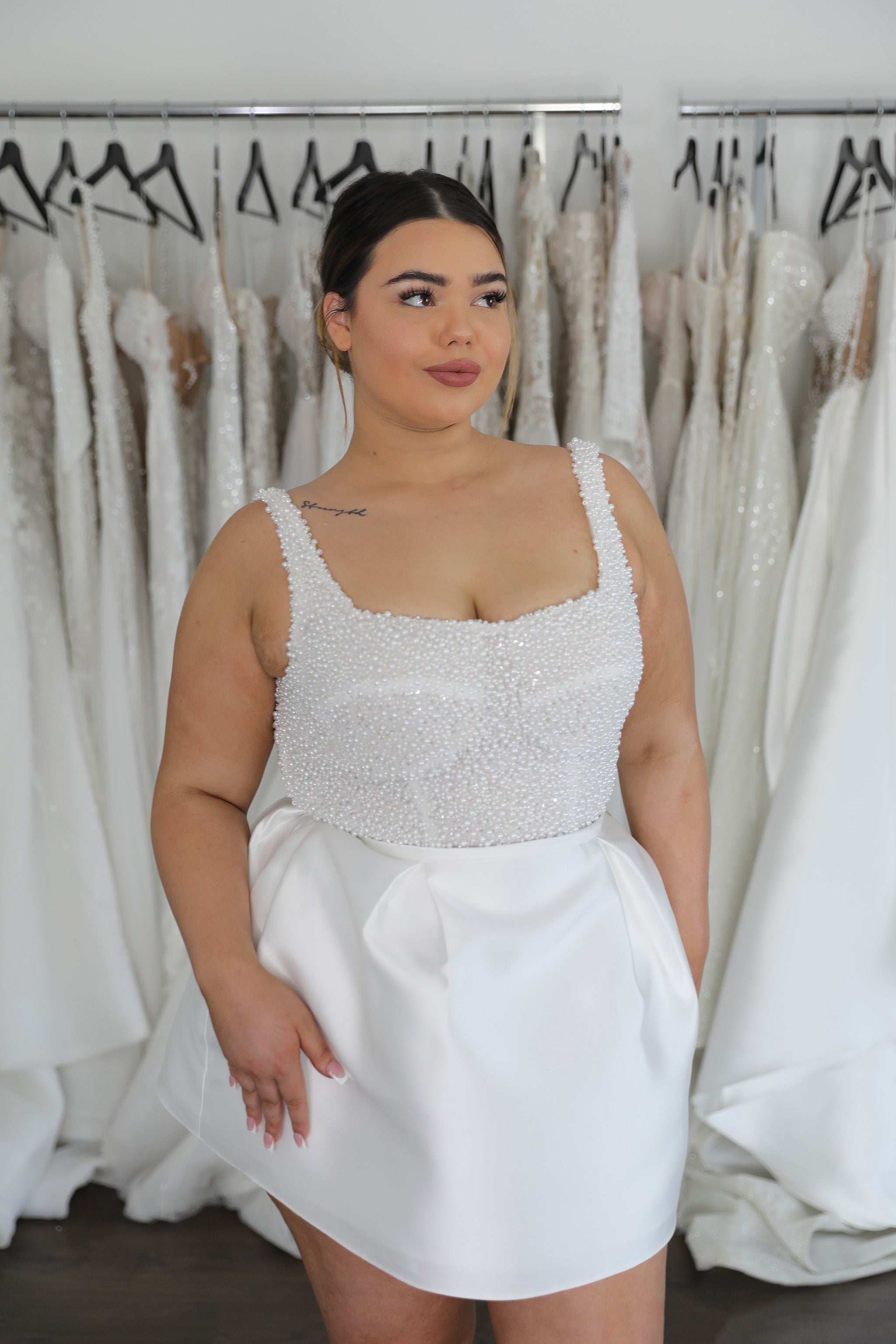 u-neck bridal mini with pearl bodice and mikado skirt