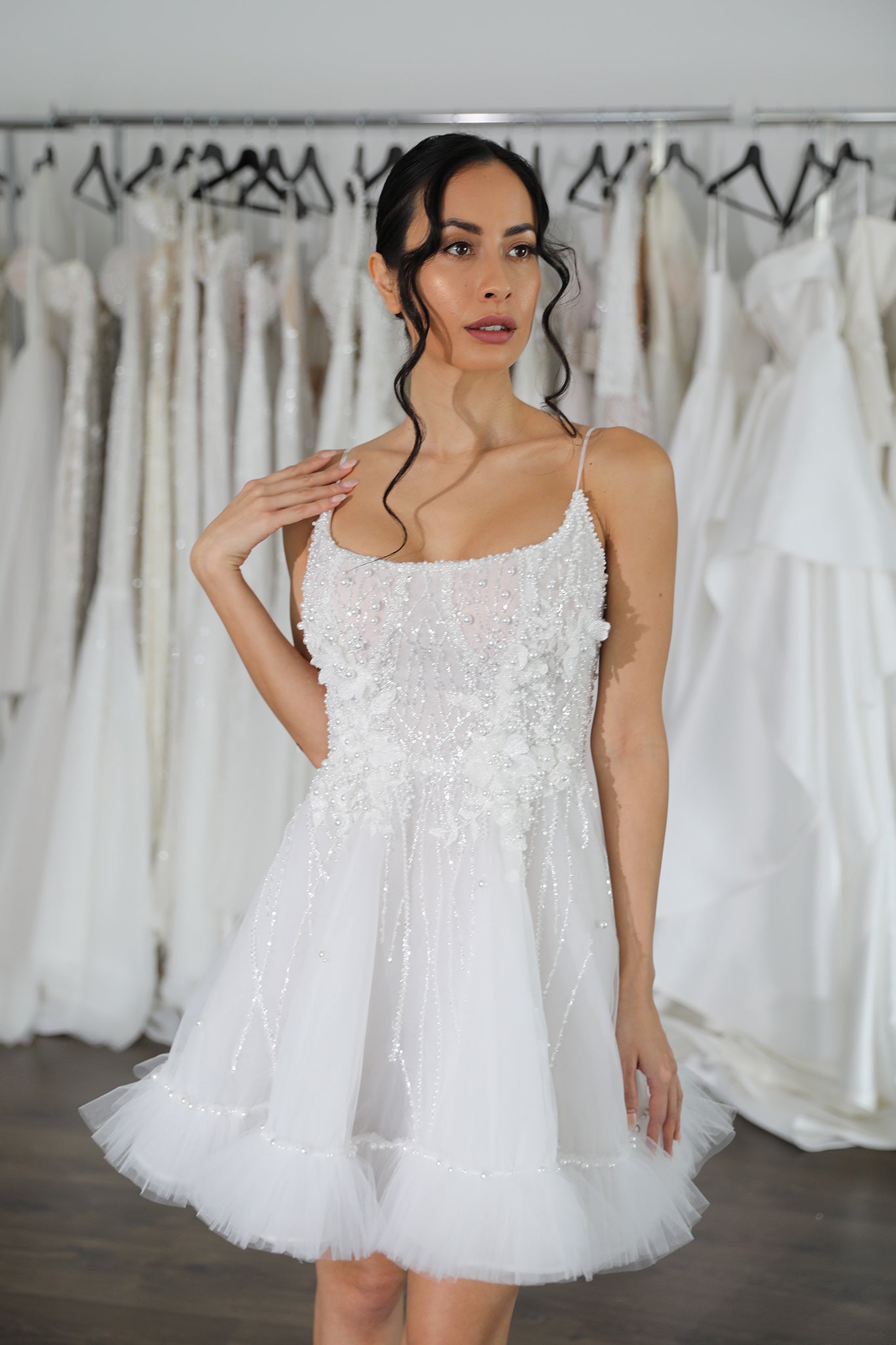 u-neck bridal mini with thin straps and pearls mixed with florals on the bodice