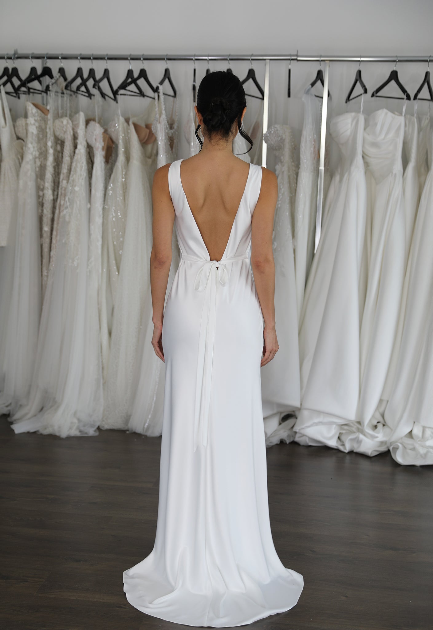 v-back wedding dress with simple train