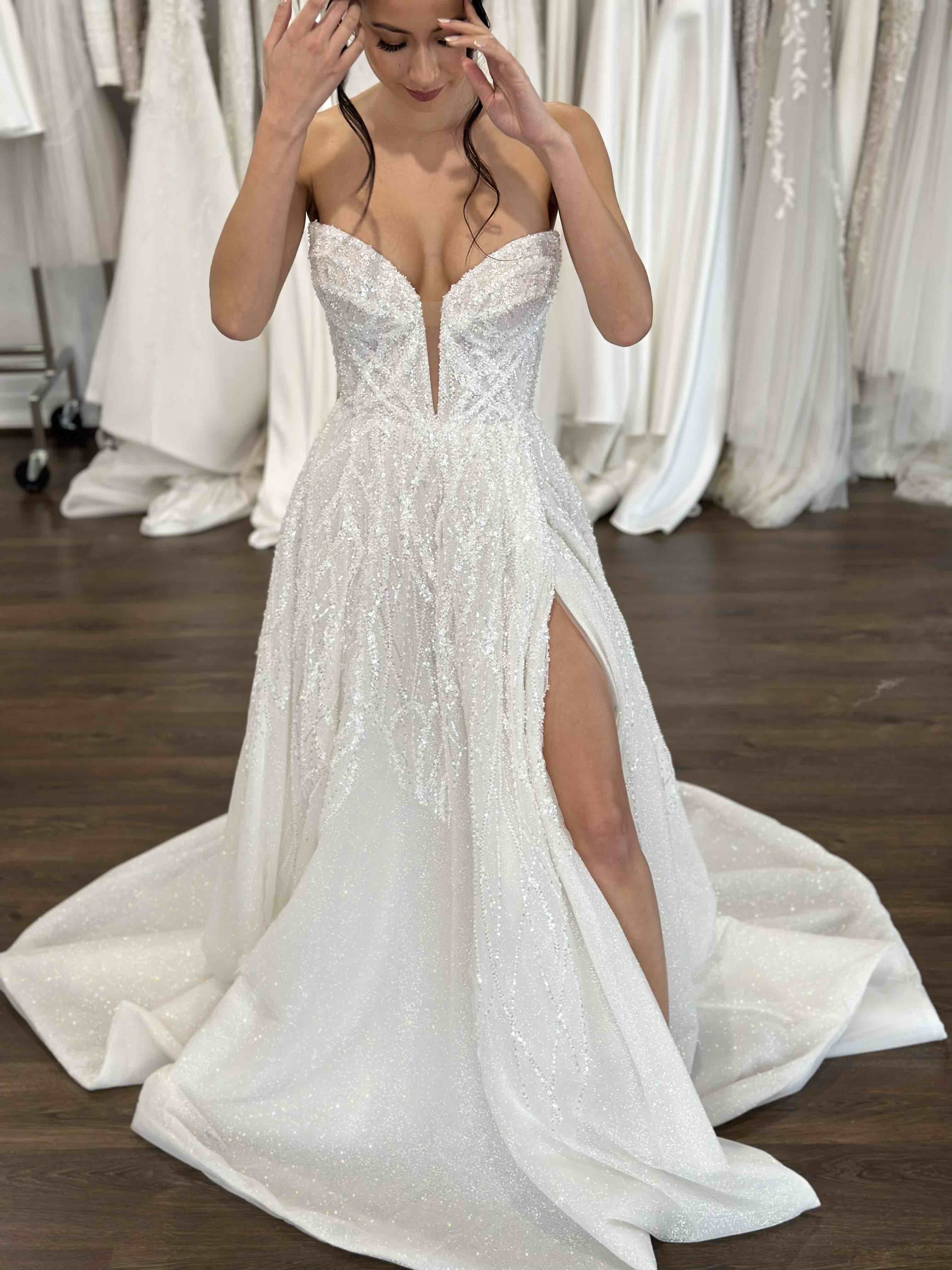 v-neck beaded wedding dress with thigh split