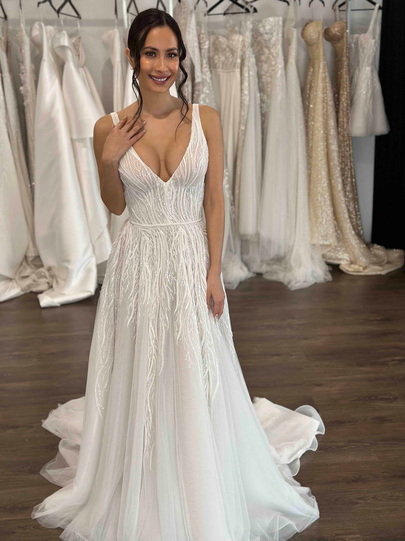 v-neck flowing vine lace bridal dress