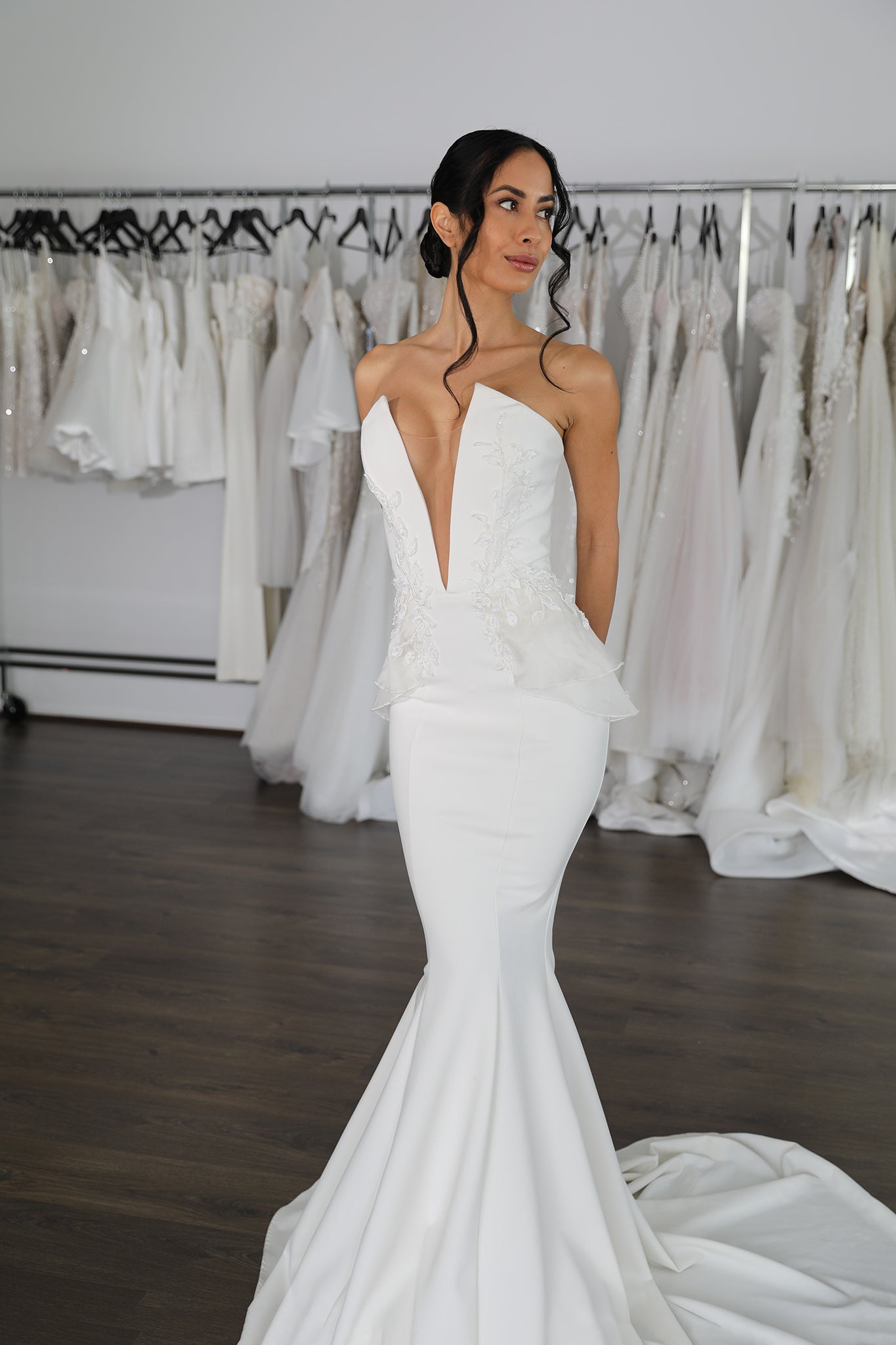 v-neck wedding gown with lace side peplums