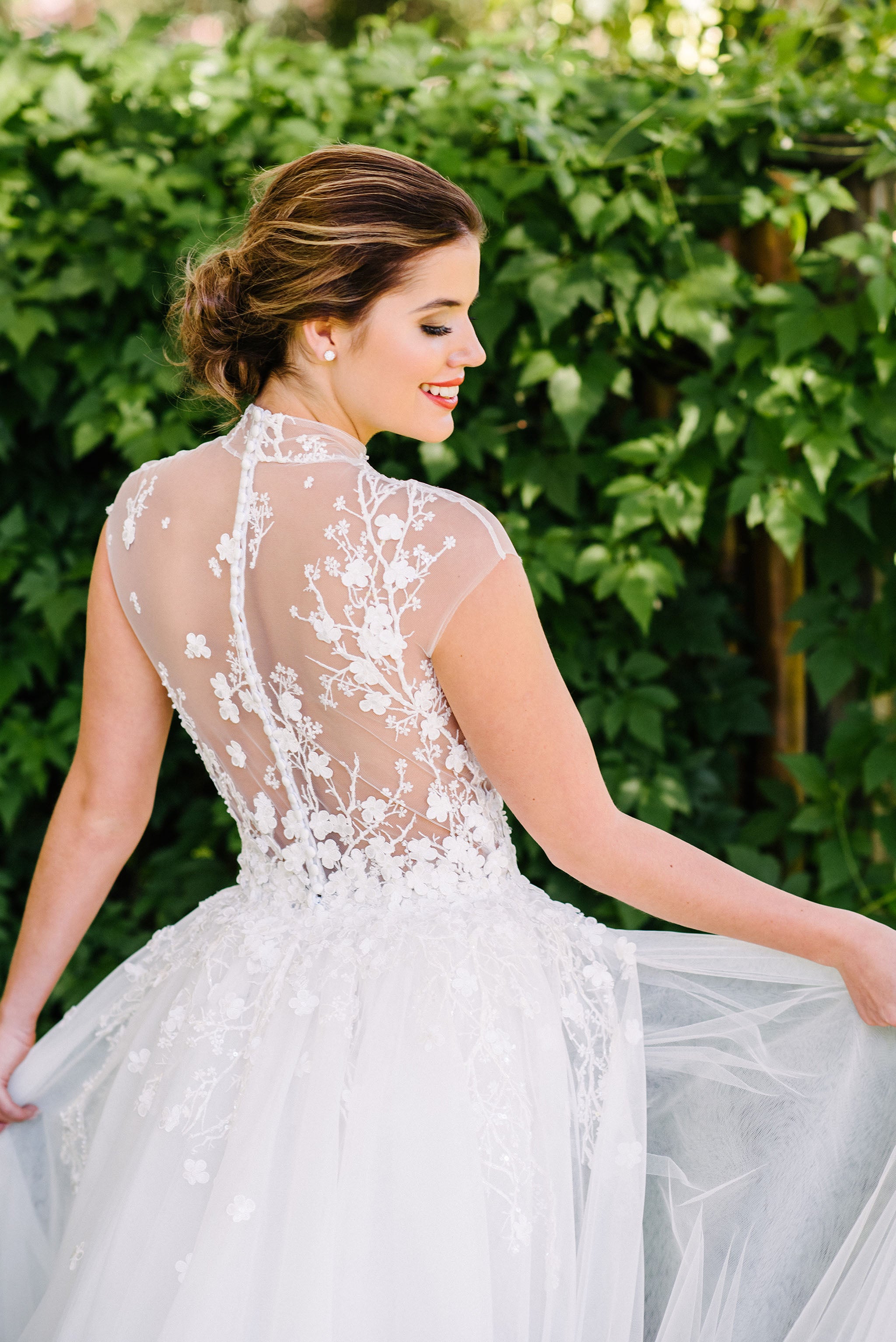 vine and floral lace wedding dress with illusion back and outer skirt