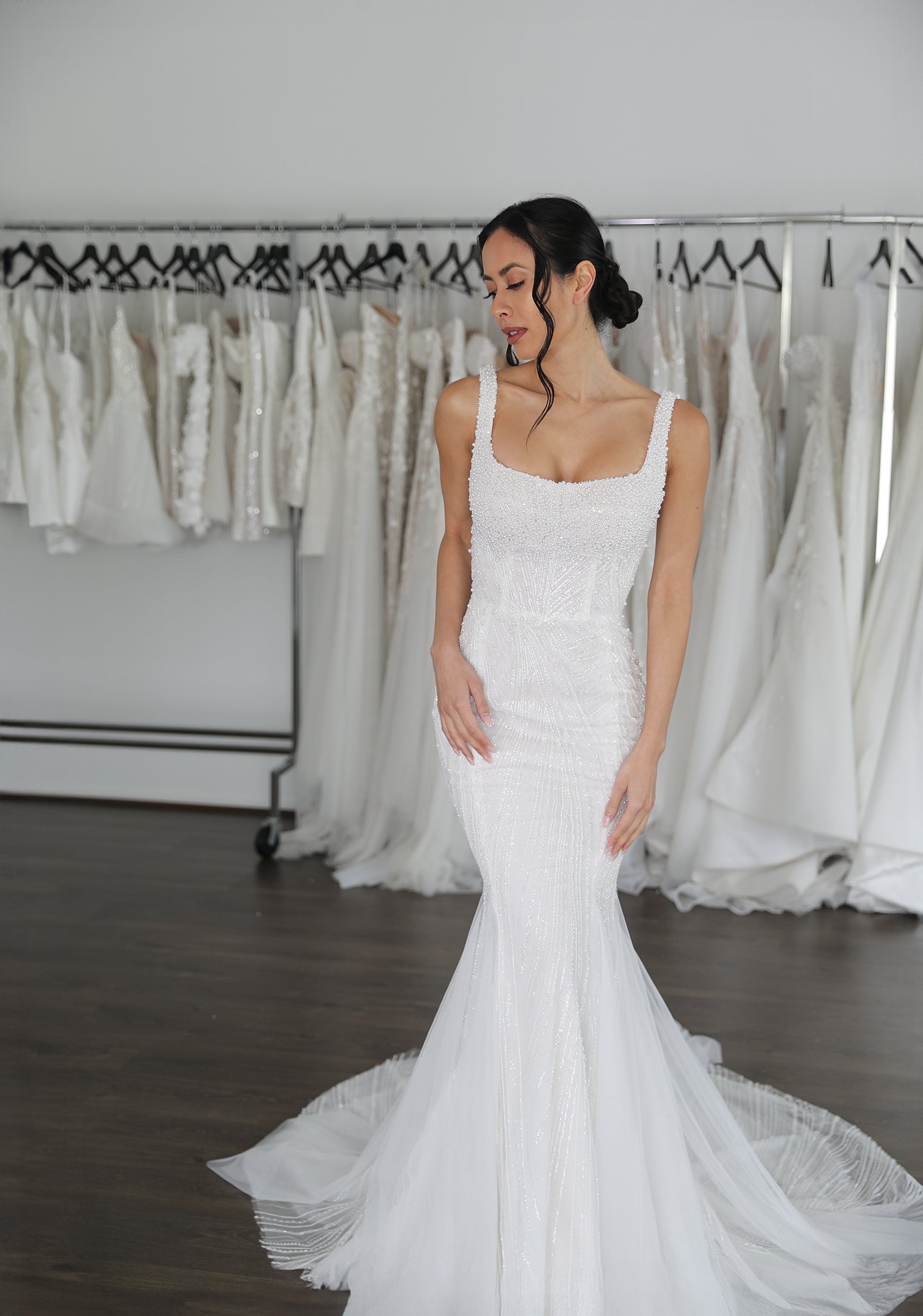 wedding dress with U-neck and pearls