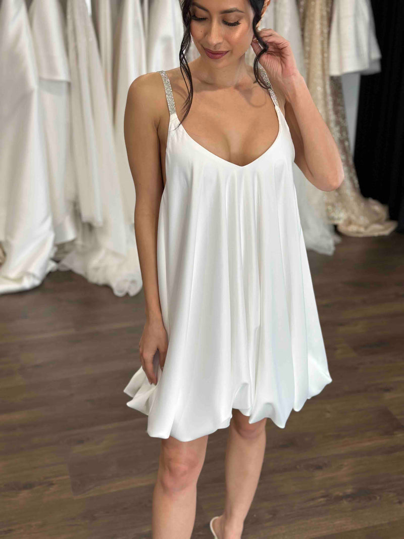 white bridal reception dress with bubble hem