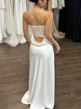 white cowl back slip dress on bride