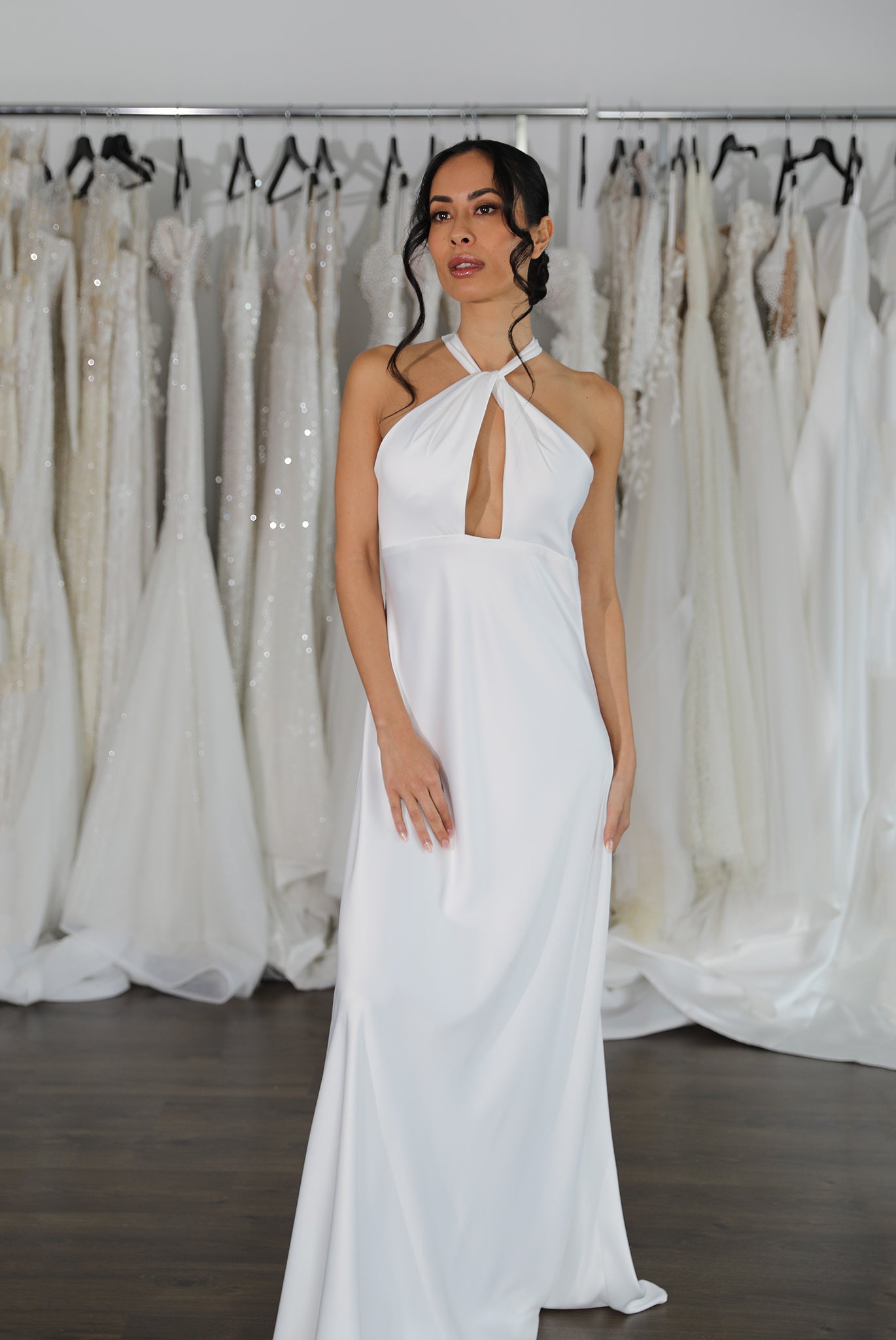 white halter neck wedding dress with chest cut out