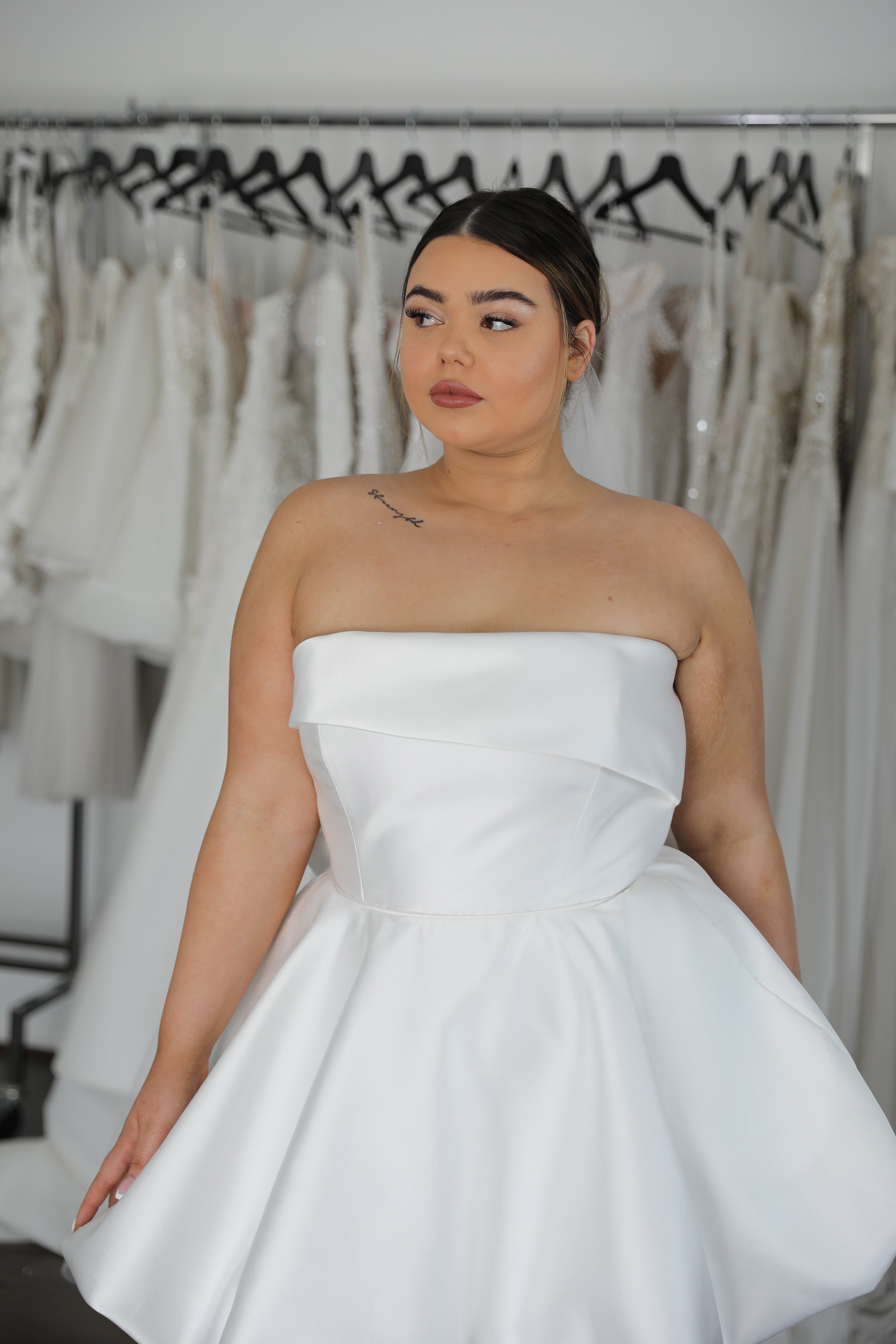 white mikado mini with straight neckline and folded top