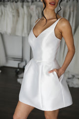 white mikado short wedding dress with pockets