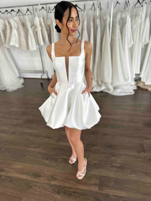 white mini wedding reception gown