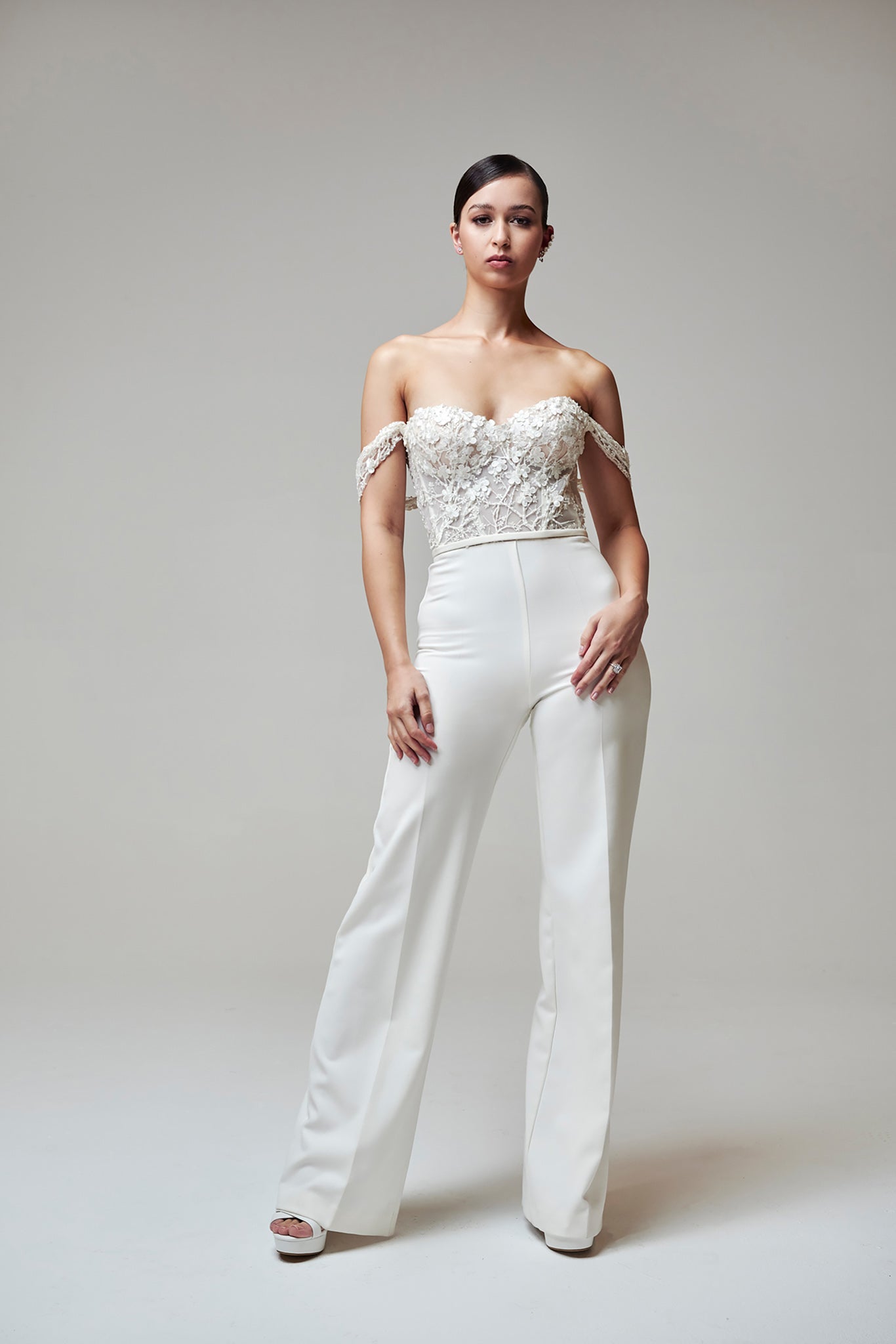 white wedding pants and floral embroidered corset top