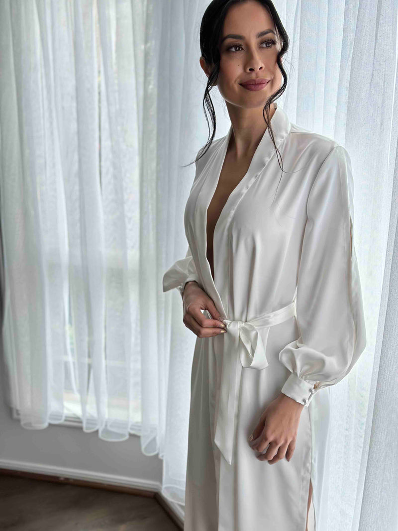 white wedding robe on woman