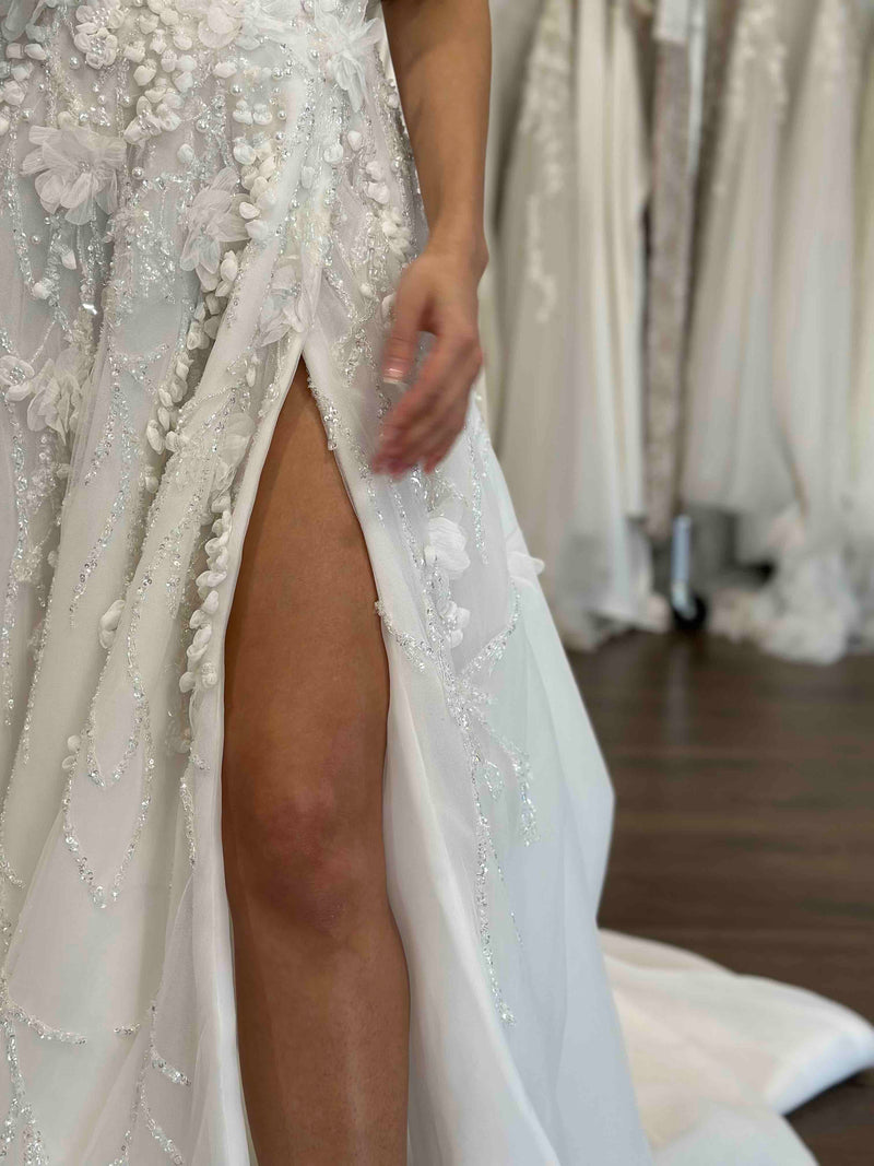 above knee split on floral lace wedding dress