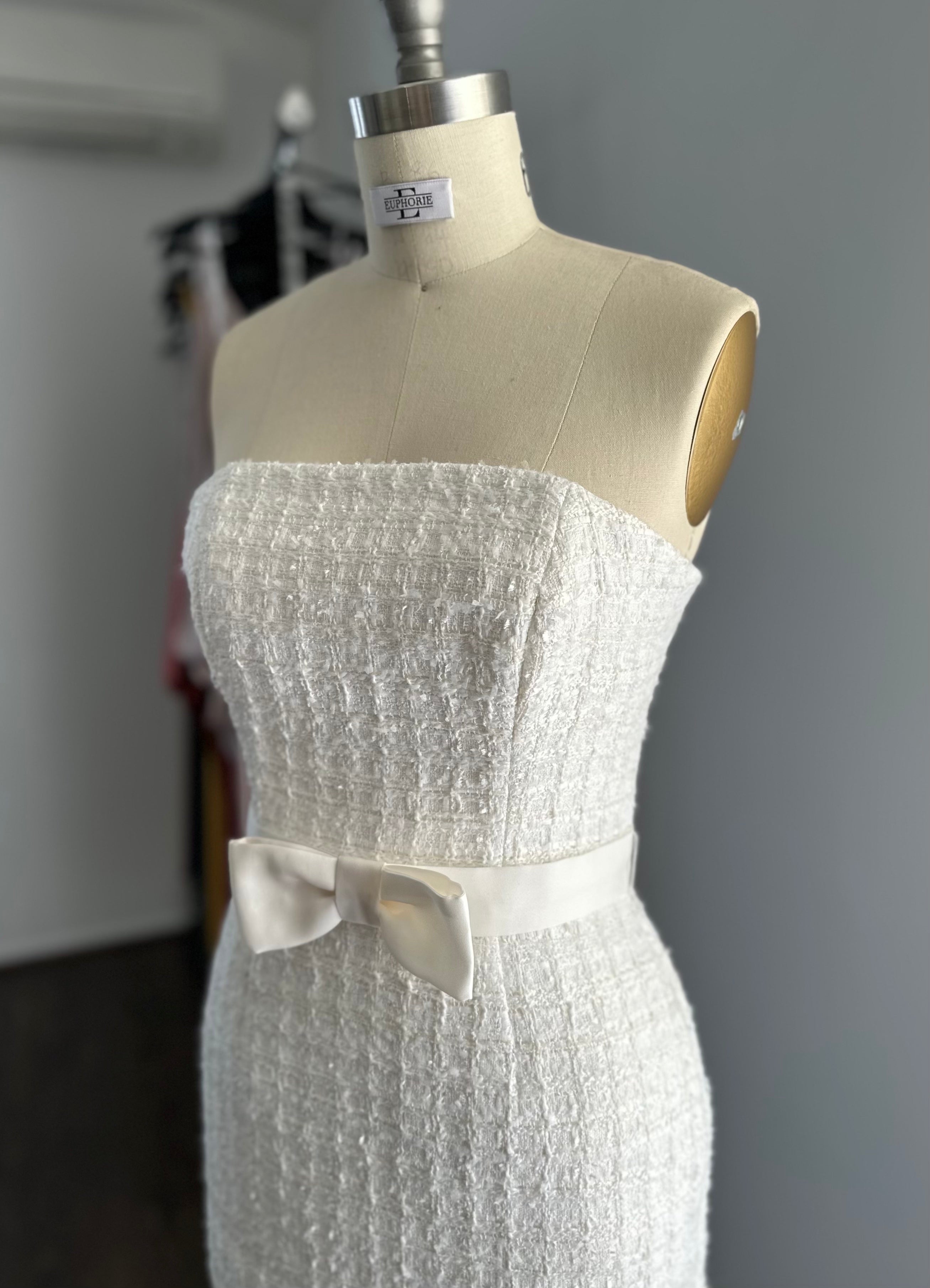 bridal mini tube dress with front bow