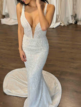 bride wearing plunging v-neck wedding dress