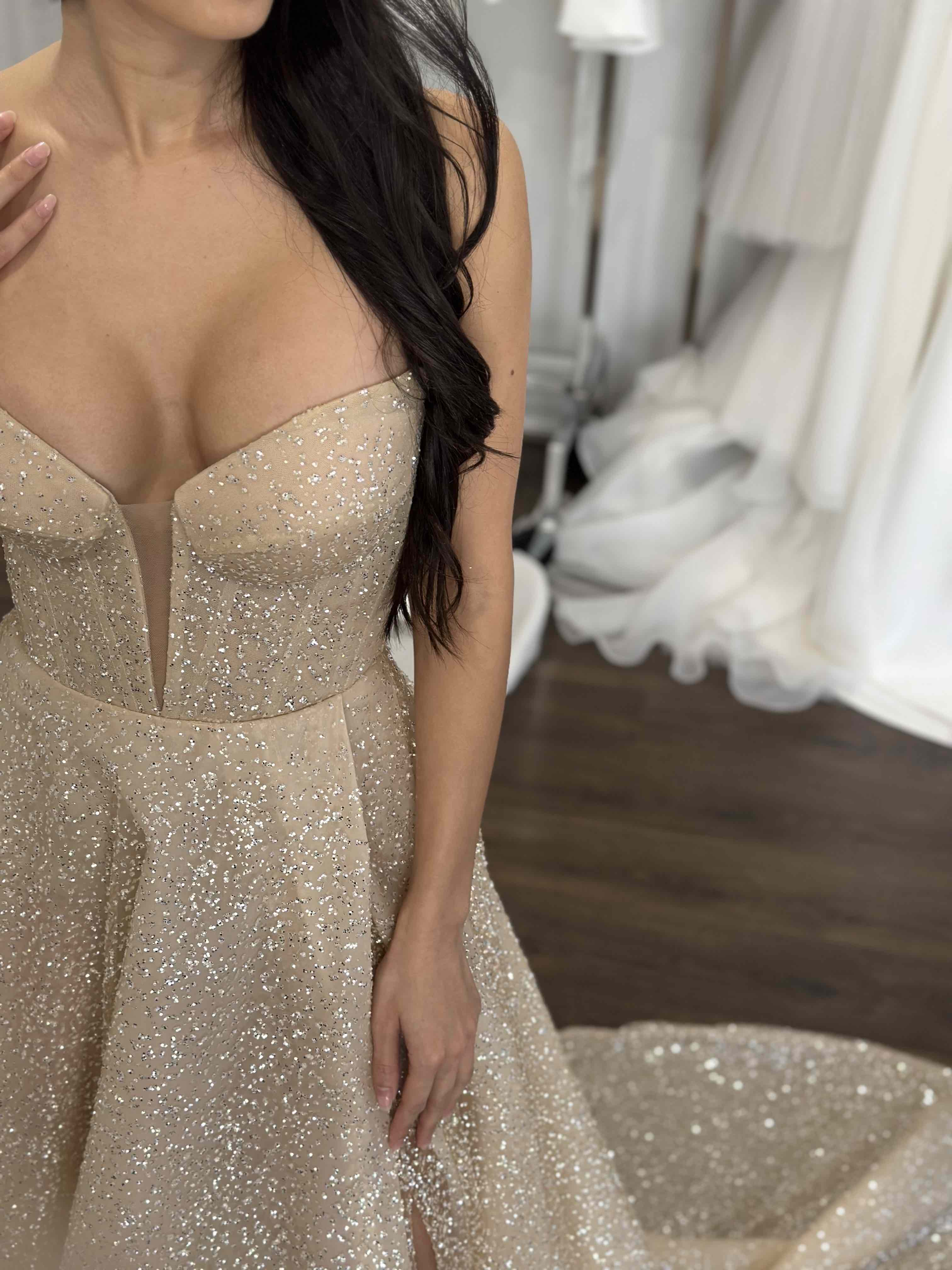 Champagne glitter formal gown with V-neck 