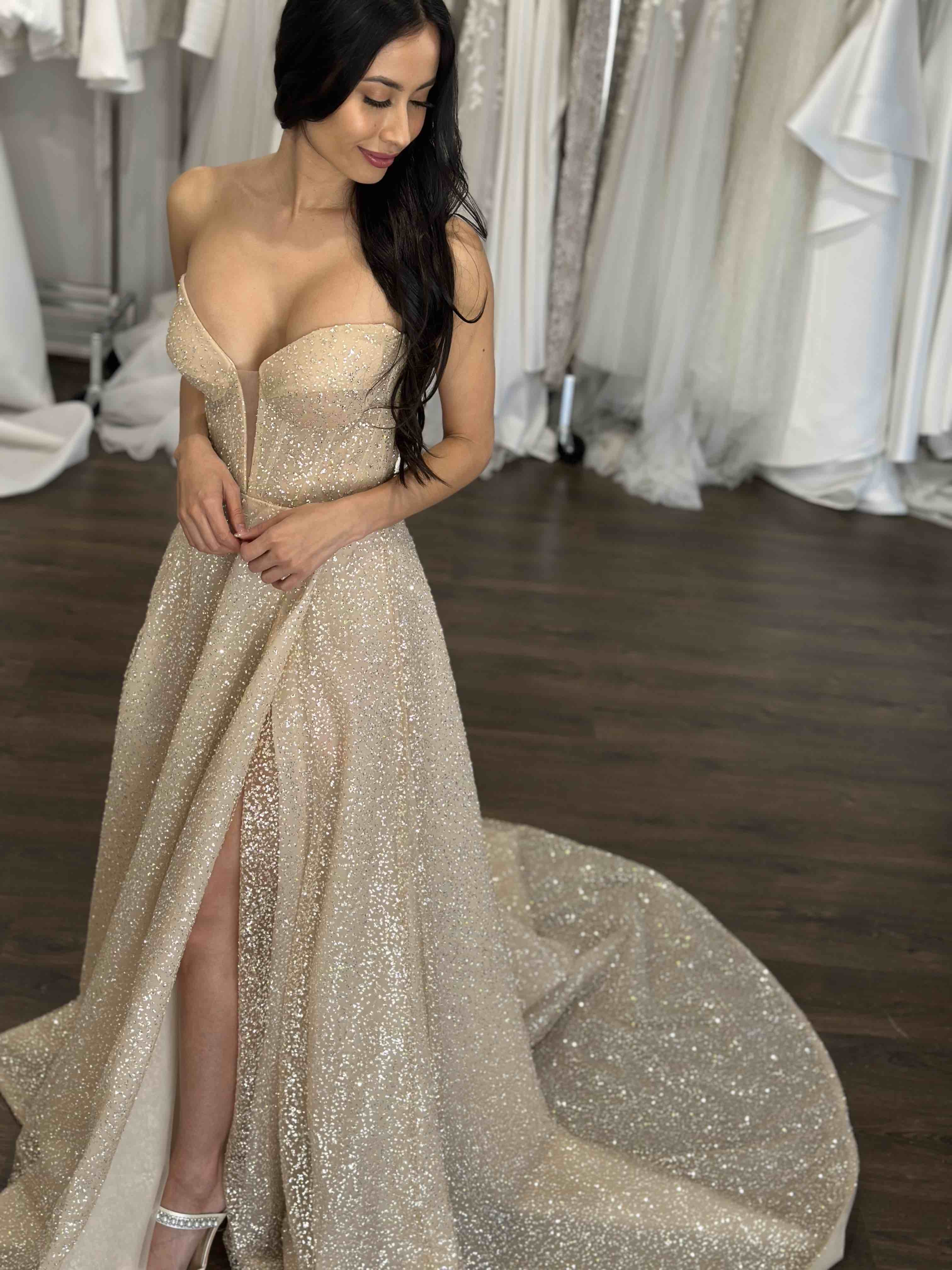 champagne gold formal gown with high high split and corset bodice