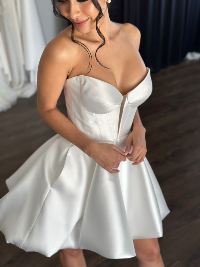 curved v-neck bridal reception mini