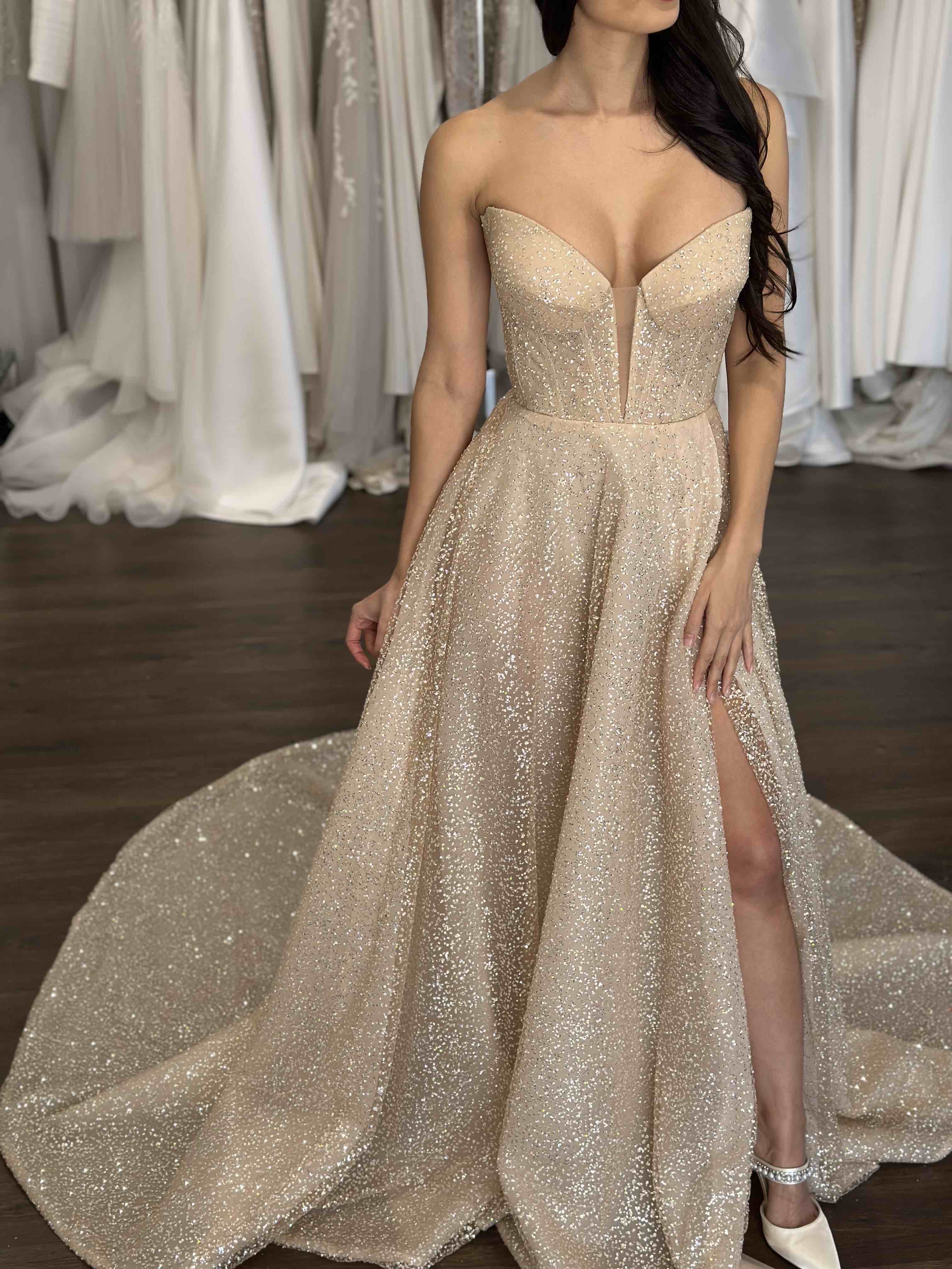 intricate corset formal dress in champagne colour
