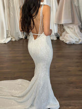 low back wedding dress with lineal beaded lace details