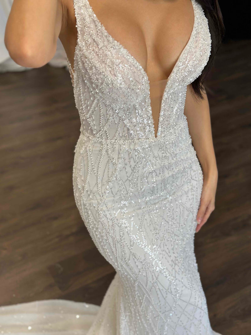 plunging v-neck beaded sequin lace wedding dress