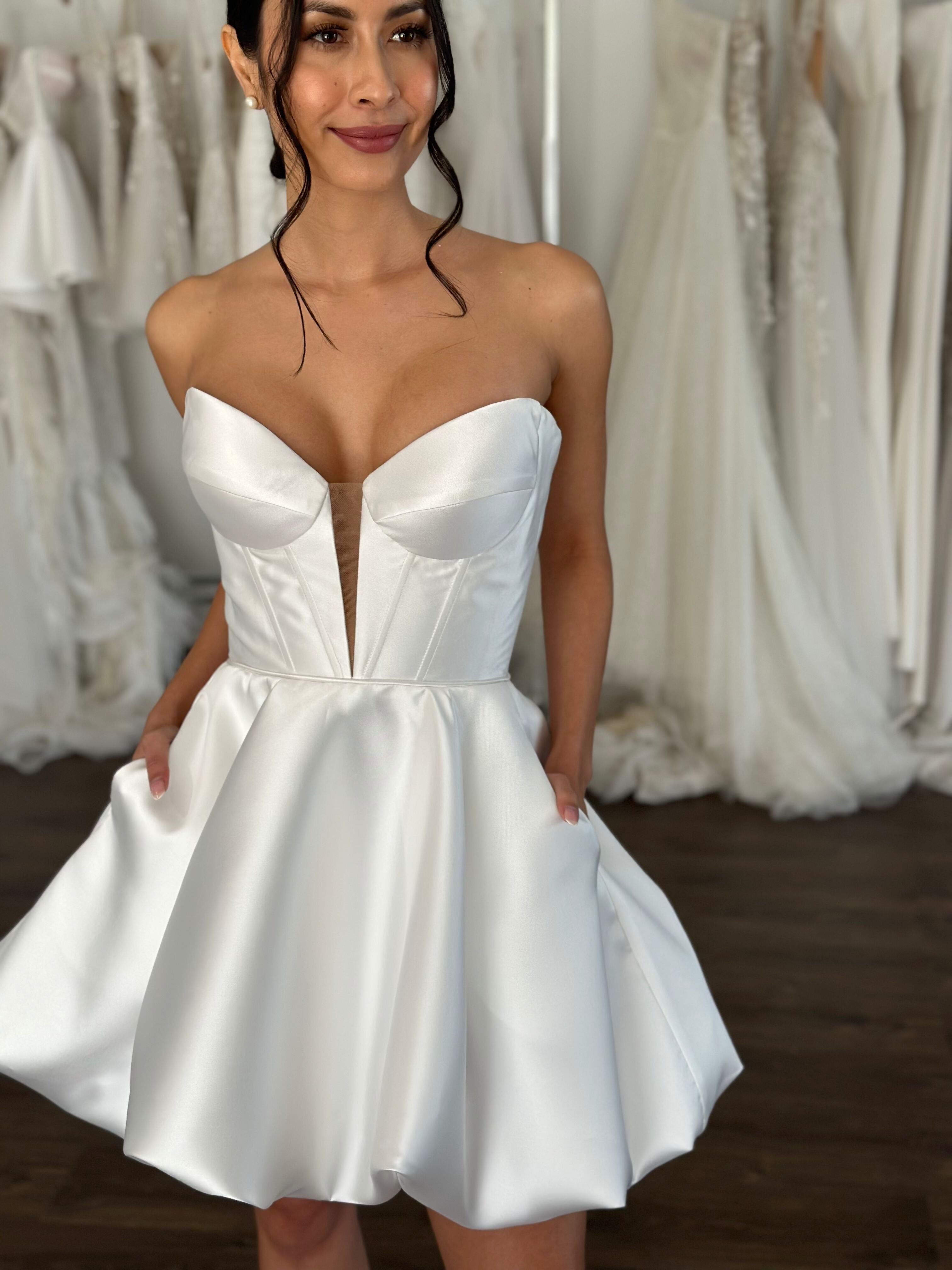 v-neck bridal mini dress