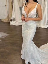 v-neck illusion front wedding gown